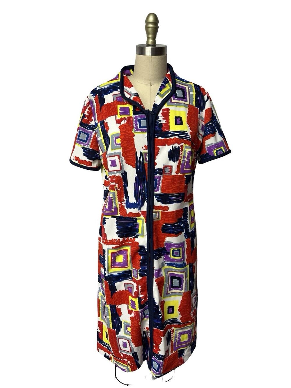VINTAGE 1960s PARKSHIRE Originals Abstract Mod Zip Front House Dress SZ M